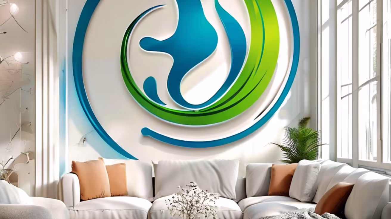 Modernes Wohnzimmer mit wei&szlig;en Sofas, Kissen und gro&szlig;em abstraktem Wandlogo